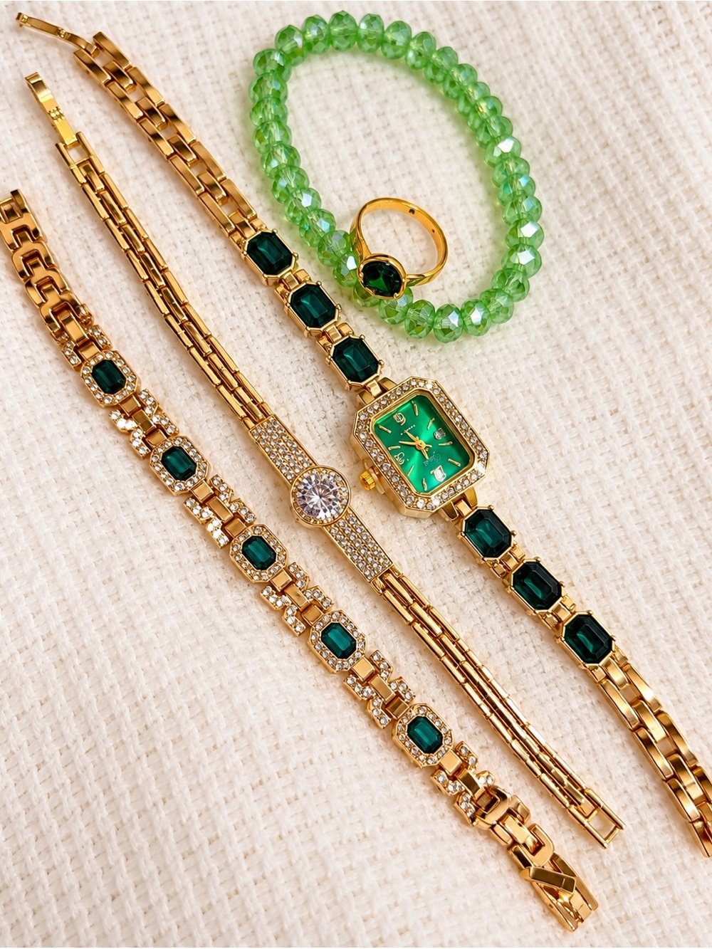 Gold-Tone Green Crystal Watch and Bracelet Set